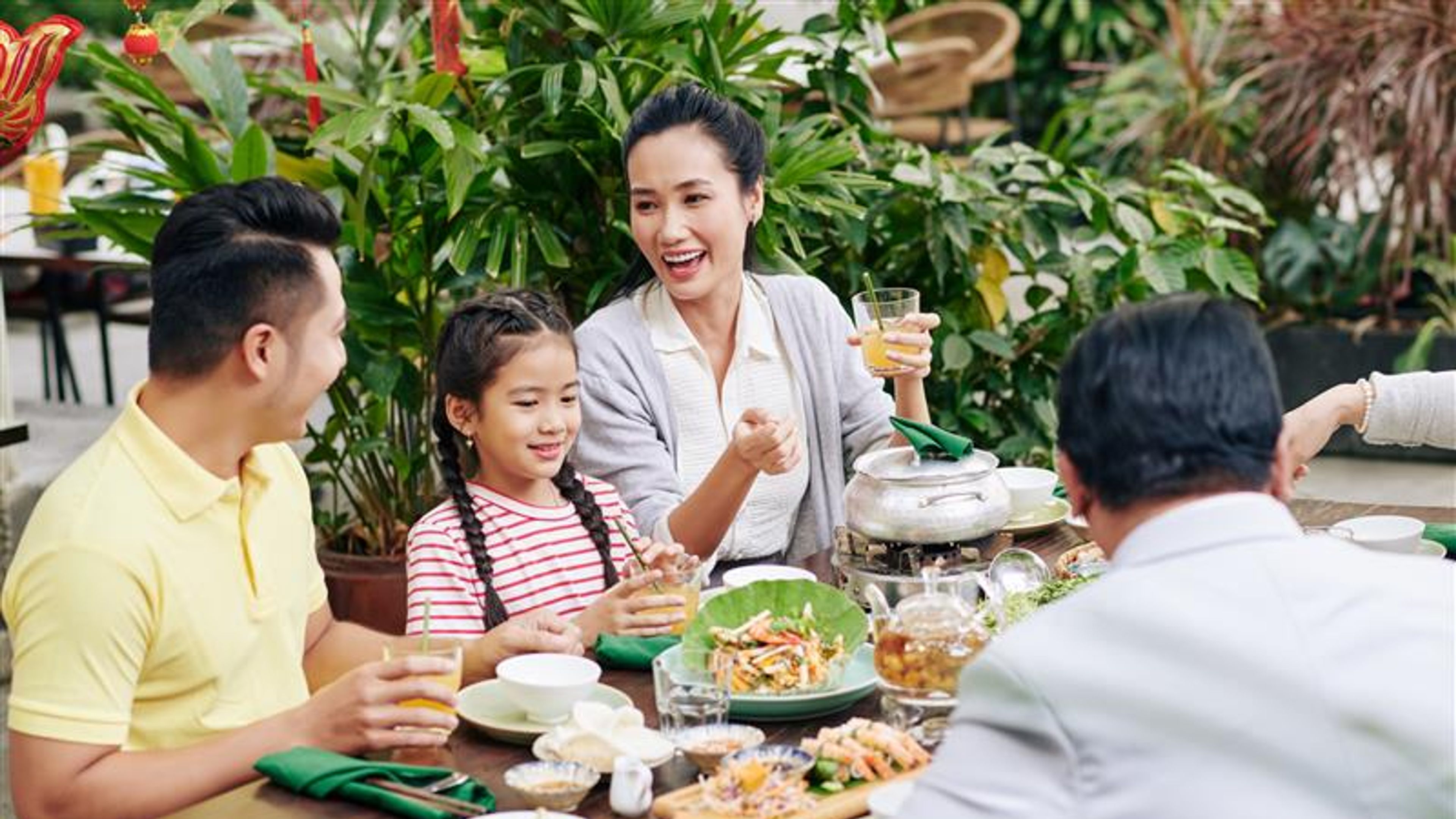 A family having food in a restaurant